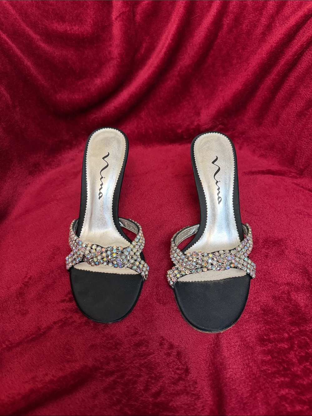 Nina Black Heeled Slide Sandals with Multicolor Crystal Straps